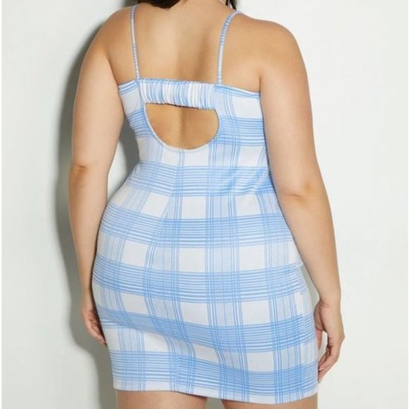 Baby Blue Plaid Cut Out Back Mini Dress - Picture 2 of 3